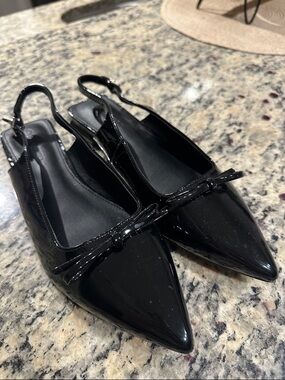 Black Patent Pointed-Toe Slingback Flats